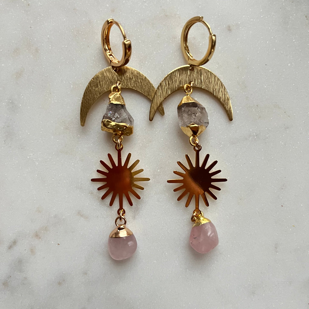 Celestial Love~Herkimer Diamond and Rose Quartz Huggie Earrings