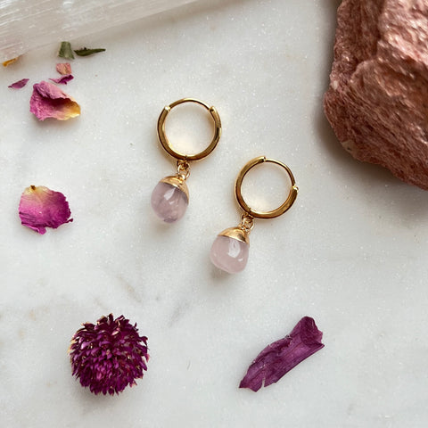 Dainty Rose Quartz~Huggie Earring