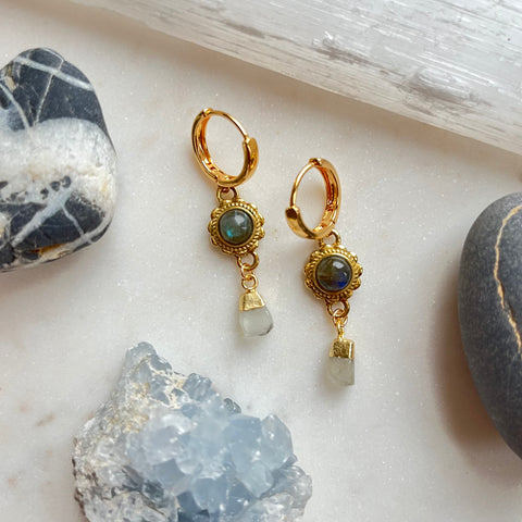 Aurora Bloom~Labradorite and Aquamarine~Huggie Earrings