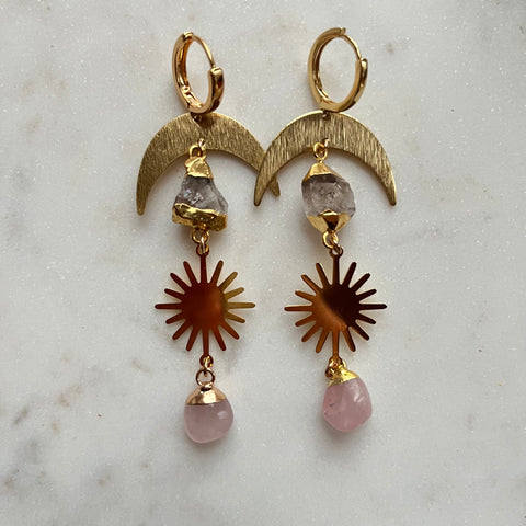 Celestial Love~Herkimer Diamond and Rose Quartz Huggie Earrings