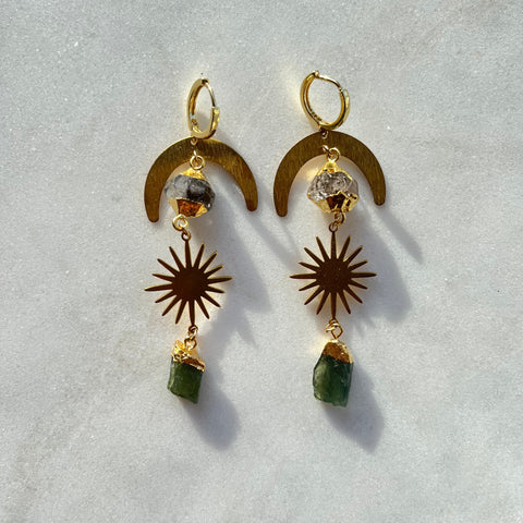 Celestial Magic~Emerald and Herkimer Diamond Huggie Earrings