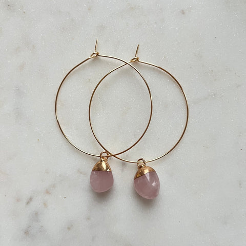 Rose Quartz~Gold Filled Hoops~40mm