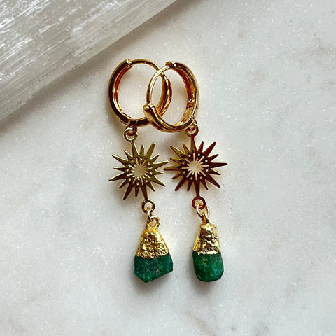 Celestial Love~Raw Emerald~Huggie Earrings