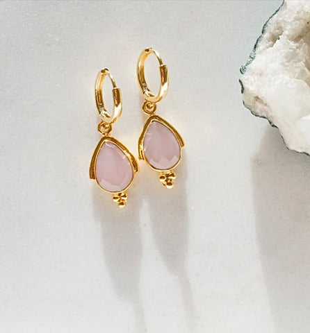 Rose Quartz~Diamond Light~ Huggie Earrings~ 24kt Gold Filled