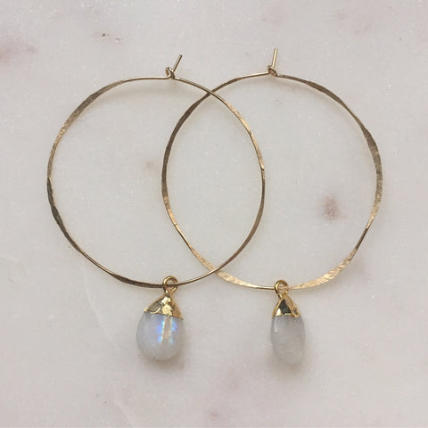 Rainbow Moonstone Drop Hoops