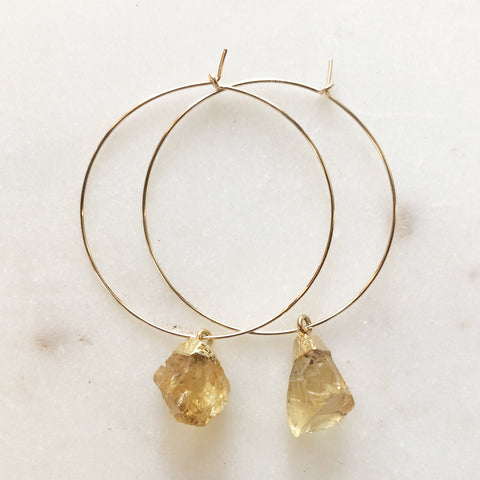 Raw Citrine on Gold Hoops