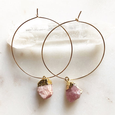 Raw Pink Opal on 14k gold filled Hoops