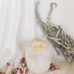 Selenite~Candle~ tealight Holder~ purification, divine wisdom, and serenity
