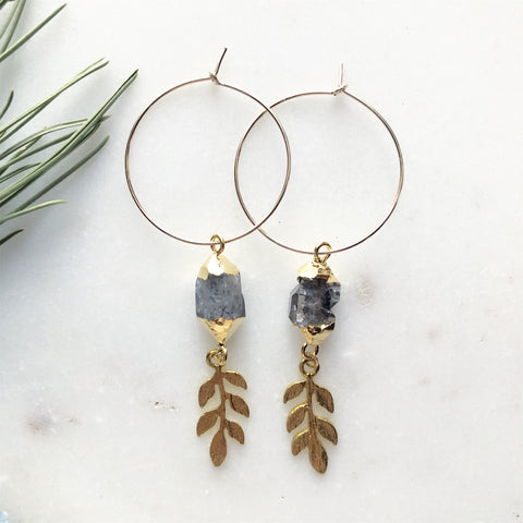 Raw Herkimer Diamond and Laurel Leaf Hoops