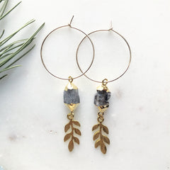 Raw Herkimer Diamond and Laurel Leaf Hoops