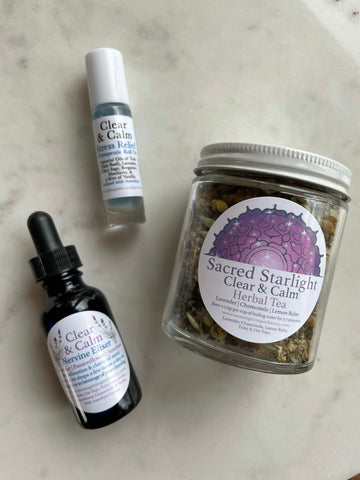 Clear and Calm~ Trio Aromatherapy Roller, Tincture, and Herbal Tea for relaxation and stress relief