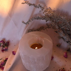 Selenite~Candle~ tealight Holder~ purification, divine wisdom, and serenity
