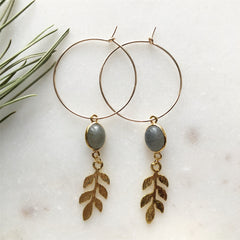 Labradorite and Laurel Leaf Hoop Earrings